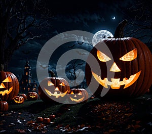 spooky halloween scene with jack-o-lanterns, bats, and a full moon in a haunted forest
