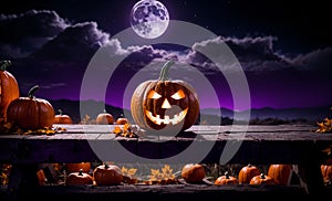 Spooky halloween scene with jack-o-lanterns, a full moon, and a purple sky