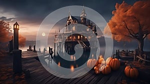 Spooky Halloween scene with a lone eery house on the lake and pumpkins on the dock, with the moon rising in the sky ai created