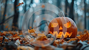 Spooky Halloween Scene with Masked Visitors and Pumpkins in Enchanted Forest