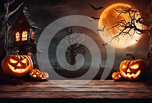 Spooky Halloween Scene with Moonlit Forest Spooky House Haunted house Halloween pumpkin head jack lantern with burning candles,