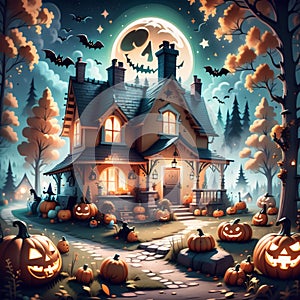 Spooky Halloween Scene with Pumpkins, Candles, and Bats