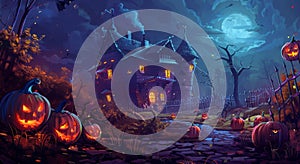 Spooky Halloween Scene With Pumpkins and Castle