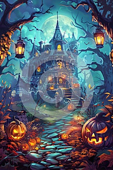 Spooky Halloween Scene With Pumpkins and Castle