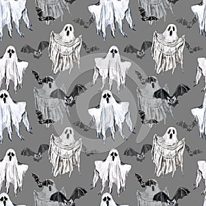 Spooky Halloween seamless pattern with watercolor hand painted ghost and bats on grey background