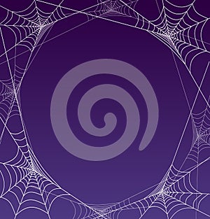 Spooky halloween spider web frame with purple background.