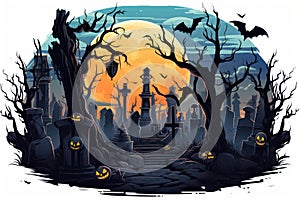 Spooky Halloween Stickers with Moonlit Graveyards AI Generated
