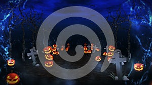 Spooky halloween thunder night. Cemetery road with pumpkins. Dead tree forest landscape. Loop. Celebration theme.