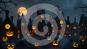 Spooky Halloween town with jackolanterns