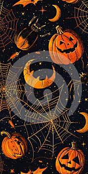 Spooky Halloween wallpaper with orange pumpkins, bats, moons, and spider webs