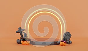 Spooky haloween pumpkins jack o\' lanterns on podium and cruciform