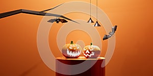 Spooky Haloween Pumpkins Jack O\' Lanterns on Podium and flying bats minimal orange background, 3d rendering