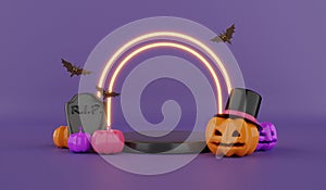 Spooky haloween pumpkins jack o\' lanterns on podium and flying bats on neon background.3d rendering