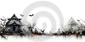 Spooky Haunted House with Ghosts and Cobwebs - Halloween Creepy Decorations on White Background