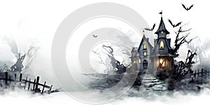 Spooky Haunted House with Ghosts and Cobwebs Halloween Creepy Decorations on White Background