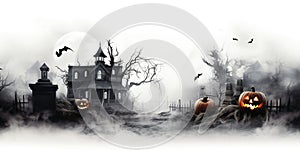 Spooky Haunted House with Ghosts and Cobwebs Halloween Creepy Decorations on White Background