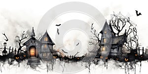 Spooky Haunted House with Ghosts and Cobwebs Halloween Creepy Decorations on White Background