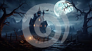 Spooky haunted house, old wooden mansion at Halloween night in forest
