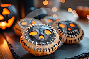 Spooky Homemade Halloween Cookies with Jack o\' Lantern Design on Festive Table Decor
