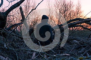 A spooky, hooded figure standing in a pile of tree branches. looking at the sunset on a winters day