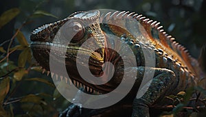 Spooky horned iguana, a large reptile in tropical rainforest generated by AI