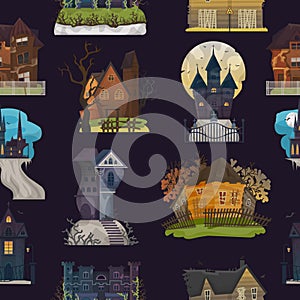 Spooky house vector haunted castle with dark scary horror nightmare on halloween moonlight mystery illustration nightly