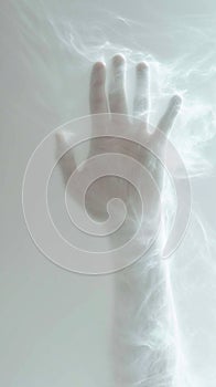 Spooky illusion ghostly hand creates an otherworldly atmosphere on white photo