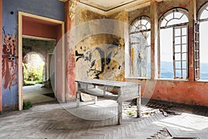 Spooky interior of abandoned ruined house