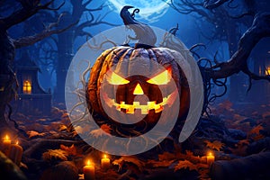Spooky jack-o-lantern in a magical glowing forest with a bright glowing moon in the background