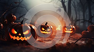 spooky jack-o-lantern pumpkins in a mystical forest photo