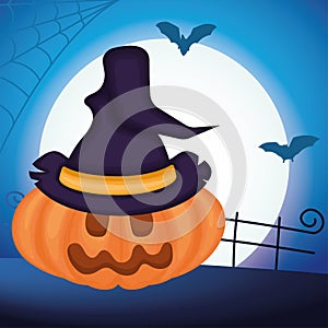 Spooky jack o lantern with witch hat Halloween invitational card Vector
