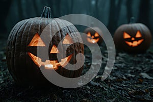 Spooky jack-o'-lanterns in a dark forest