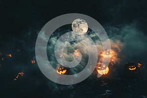Scary Halloween pumpkins in dark foggy night photo