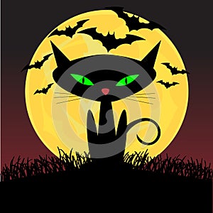 Spooky looking black cat with green eyes sitting u