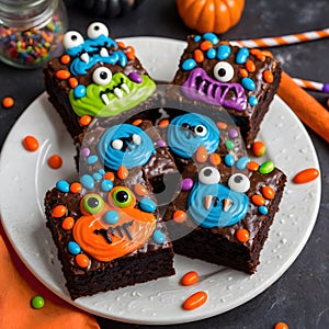 Spooky Monster Brownies with Vibrant Frosting, Candy Eyes, and Halloween Accents photo