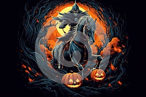 A spooky monster horseman with Halloween pumpkin riding horse