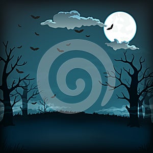 Spooky night background with full moon, clouds, bats, bare trees and dark blue sky.