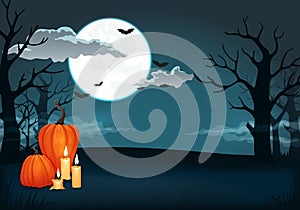 Spooky night background with full moon, clouds, bats, pumpkins,candles and trees.