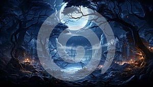 Spooky night, dark forest, Halloween mystery, evil silhouette, moonlight generated by AI