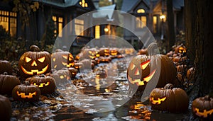 Spooky night, glowing pumpkin, autumn celebration, horror decoration, fun party generated by AI