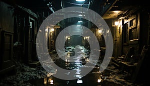 Spooky night, old architecture, abandoned building, narrow window, ruined wall generated by AI