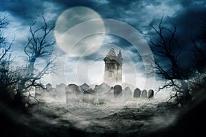 Spooky night scene background composition. Halloween composition design with scary dark forest, haunted house and graveyard. Myste