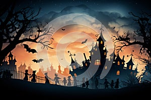 Spooky night scene skeletons, witches, bats, graveyard in dark orange and light indigo tones