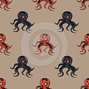 Spooky octupus robot seamless pattern
