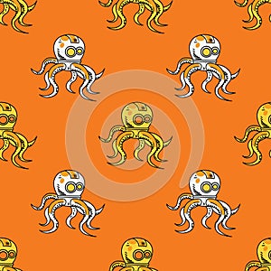 Spooky octupus robot seamless pattern