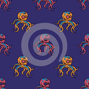 Spooky octupus robot seamless pattern