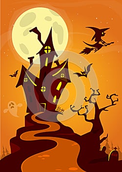 Spooky old ghost house. Halloween cardposter. Vector illustration