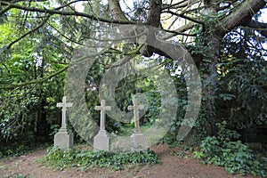 A spooky old graveyard with three stone crosses in a forest