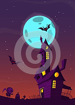 Spooky old haunted house with ghosts. Halloween cartoon background. Vector illustration.