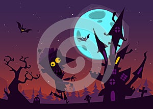 Spooky old haunted house with ghosts. Halloween cartoon background. Vector illustration.